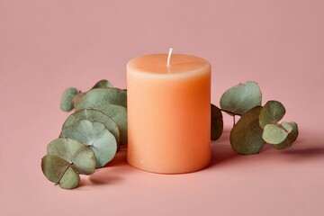 Peach candle beside eucalyptus leaves on pink backdrop