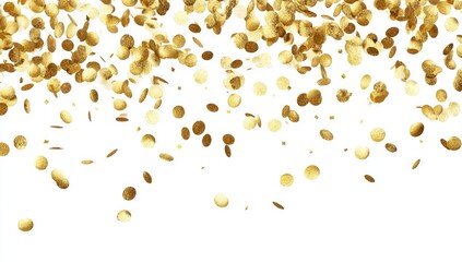 Falling golden confetti shower against a bright white backdrop, festive celebration