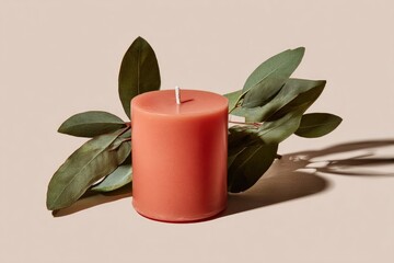 Coral candle with eucalyptus leaves