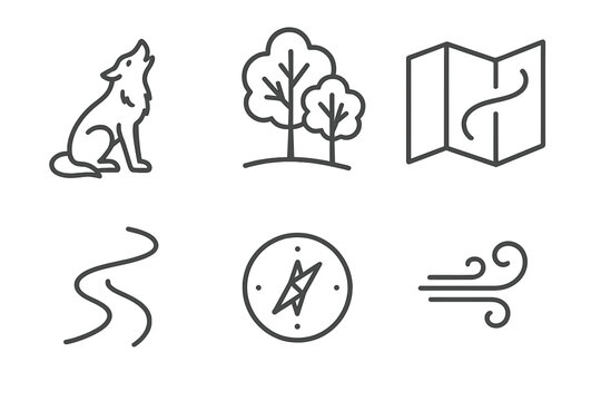 Woodland Map Icons. Line style icons of Mapwalk Woodland: pack silhouette, leafy trees, map curve, pathway arc, tiny compass ring,