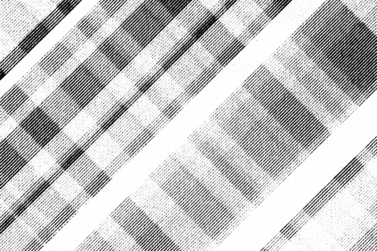 Macro halftone of diagonal plaid fabric stripes and shaded checks, printed in black ink on a transparent background. - Powered by Adobe