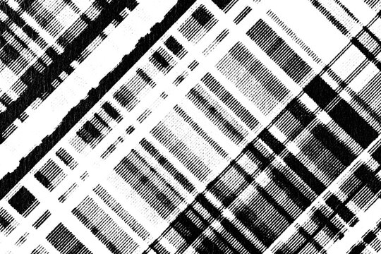 Macro halftone of diagonal plaid stripes and broken blocks, like a glitchy fabric grid, black ink pattern on a transparent background.