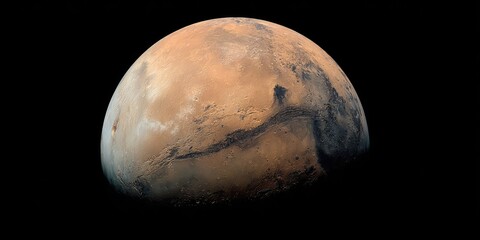 Mars Red planet with dusty surface and dark regions against black space