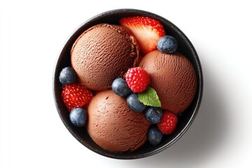 Chocolate ice cream scoops topped with berries in a bowl