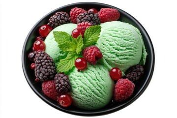 Green ice cream scoops topped with berries and mint