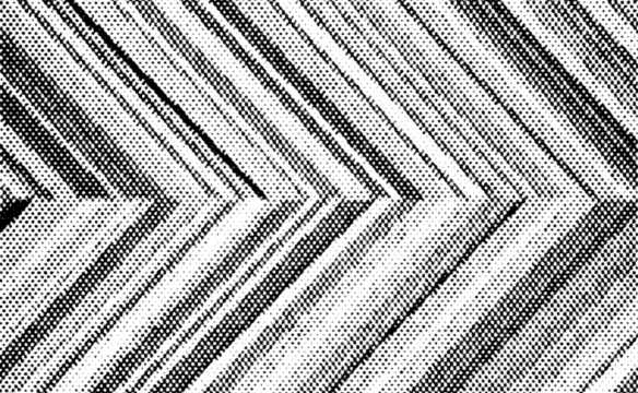 PNG with alpha transparency: black halftone dots forming diagonal chevrons and arrow-like stripe bands. High-contrast retro overlay for masking, compositing, posters, and textures. - Powered by Adobe