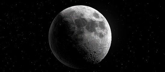 Grayscale moon with visible craters against starry black space background