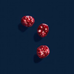 Three isolated, juicy, red pomegranate arils cast shadows on a dark blue background