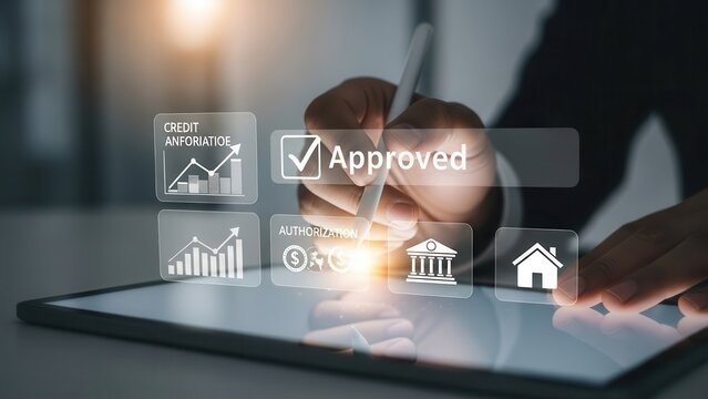 Closeup Businessman Hand checking Approved box on digital loan application, representing financial credit score, banking authorization, and mortgage process