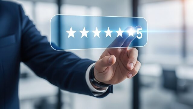 Closeup Businessman Hand selecting 5-star rating on virtual feedback interface, representing excellent customer satisfaction, service quality assurance, and positive user experience reviews