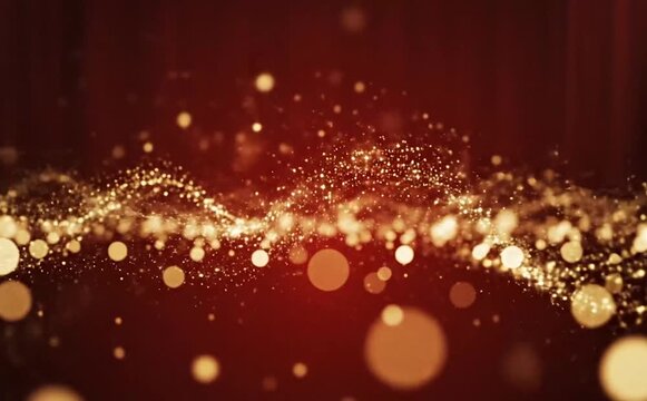 Golden Particles Floating on Red Festive Background