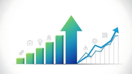 Business growth chart with increasing green bars and blue line graph showing upward trend with various icons on white background