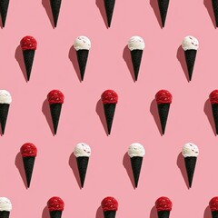 Rows of ice cream cones, alternately white and red scoops on black cones, against a pink background