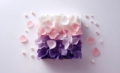 Square, layered petals in soft pinks, whites, and purples, with pearls