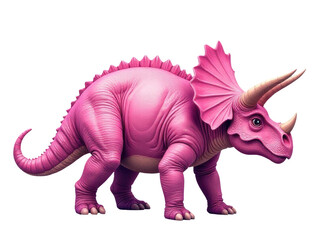 Fototapeta premium A toy triceratops with pink horns and body sitting on a white background, great for kids' illustrations or decorations