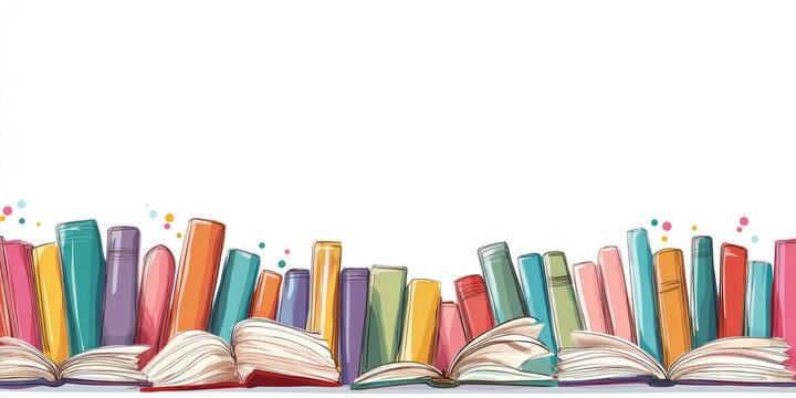 Colorful cartoon books lined at bottom of frame