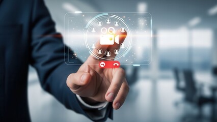 Remote team management concept, Closeup Businessman Hand touching digital video conference icon, representing virtual meetings, telecommuting, and global workforce collaboration