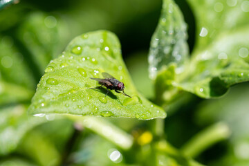 Mosca-preta da esp&eacute;cie Hydrotaea aenescens, tamb&eacute;m conhecidas como moscas-do-lixo.