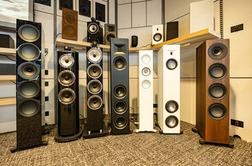 High-end floorstanding speakers displayed in a professional audio showroom with modern hi-fi sound systems arranged in a listening room interior