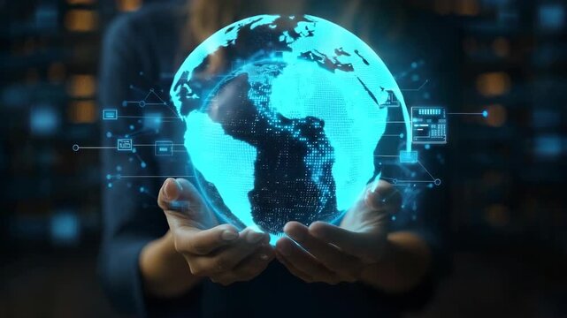 Person holding a glowing digital globe representing global technology and connection.