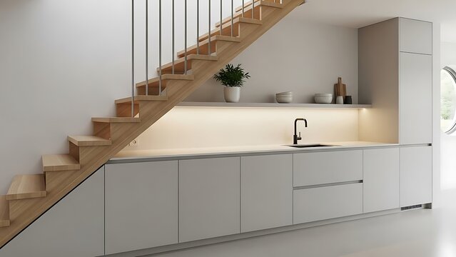 Contemporary kitchen design featuring staircase and minimalist cabinetry