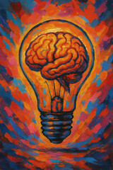 Abstract Oil Painting of Brain in Light Bulb Idea Concept