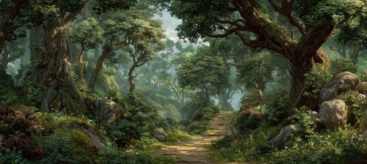 Obraz premium Sun-dappled path leads through a lush, overgrown forest with large trees