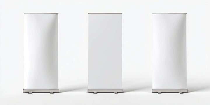 Three blank white retractable banner stands against a white seamless background