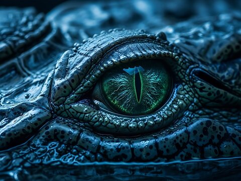 Macro of Crocodile Eye in Deep Blue Cinematic Tones. Generative Ai