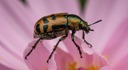 Fototapeta premium Beetle on Pink Flower Petals Closeup.