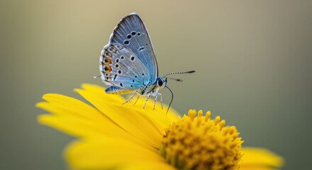 Obraz premium Blue Butterfly Sitting on Yellow Flower Petals.