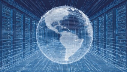 Glowing Earth grid over server racks in cool blue tones, abstract tech vision