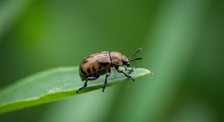 Fototapeta premium Brown Beetle on Green Leaf Closeup.