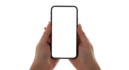 Isolated Hands Holding Modern Smartphone with White Screen Mockup