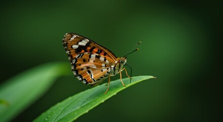 Butterfly perched on green leaf in nature.