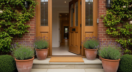 Fototapeta premium Inviting wooden front door with blooming lavender and lush greenery welcoming visitors home.