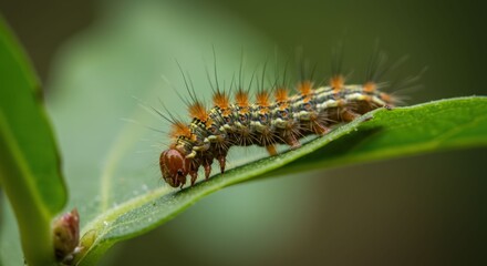 Caterpillar on Leaf Closeup Macro View.