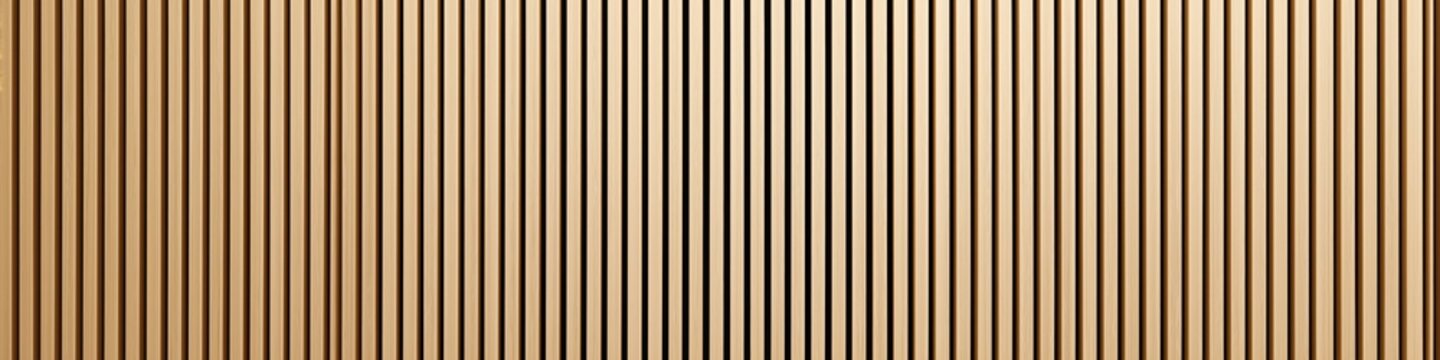 Wooden slatted wall acoustic panel background texture. Vertical wooden slats creating a minimalistic decorative and soundproofing wall panel