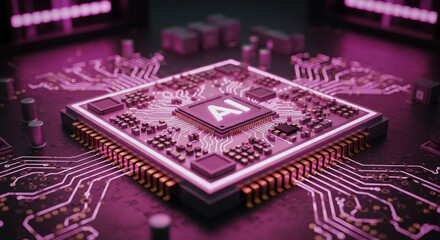 Fuchsia Future: AI Processor on Abstract Circuit Board