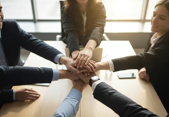 Business team stacking hands in meeting, teamwork and collaboration concept