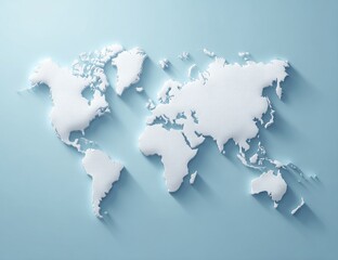 Naklejka premium 3D white world map with long shadows on light blue background