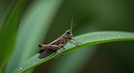 Grasshopper perched on a green leaf closeup.