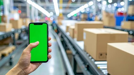 Close Up Of A Hand Holding A Green Screen Smartphone In A Busy Warehouse With Conveyor Belts And Cardboard Boxes In The Background Under Bright Overhead - Powered by Adobe