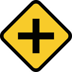 Obraz premium Yellow Diamond Intersection Warning Sign with Black Plus Symbol Road Safety and Traffic Symbol