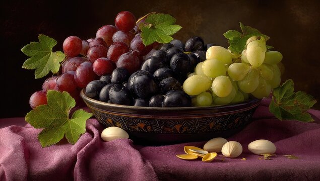 Grapes in bowl, light contrast, tablecloth detail