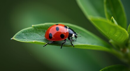 Obraz premium Ladybug on Green Leaf Closeup Photography.