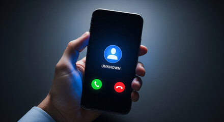 Hand holding smartphone displaying incoming call from unknown number with answer and decline buttons