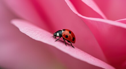 Obraz premium Ladybug on Pink Flower Petal Closeup.