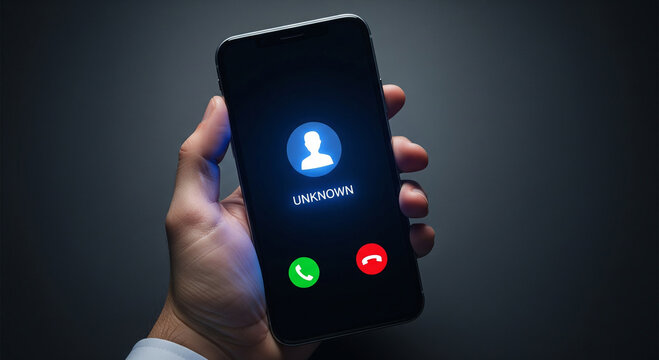 Receiving an unknown incoming call on a smartphone, highlighting a security concern or unwanted contact.