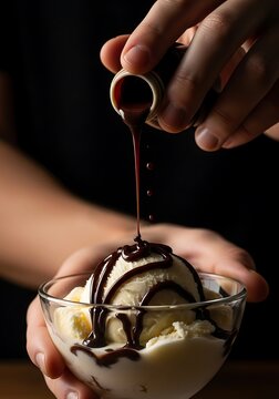 Decadent indulgence: Pouring rich chocolate syrup over a scoop of creamy vanilla ice cream delight